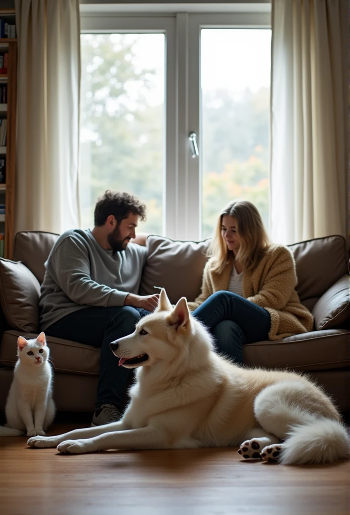 room,Man and woman sitting on sofa,A large Alaskan dog was lying on the ground watching them.,White cat standing by the window