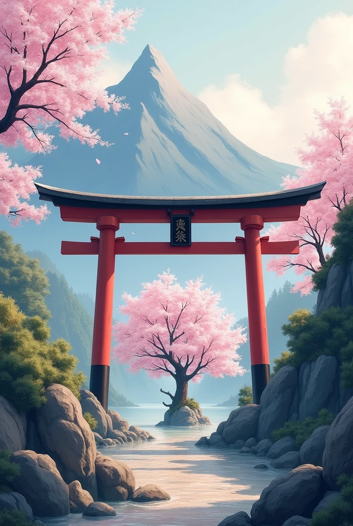 A torii gate at the beginning and in the middle a Sakura tree as if they were going to pray there is a mountain
