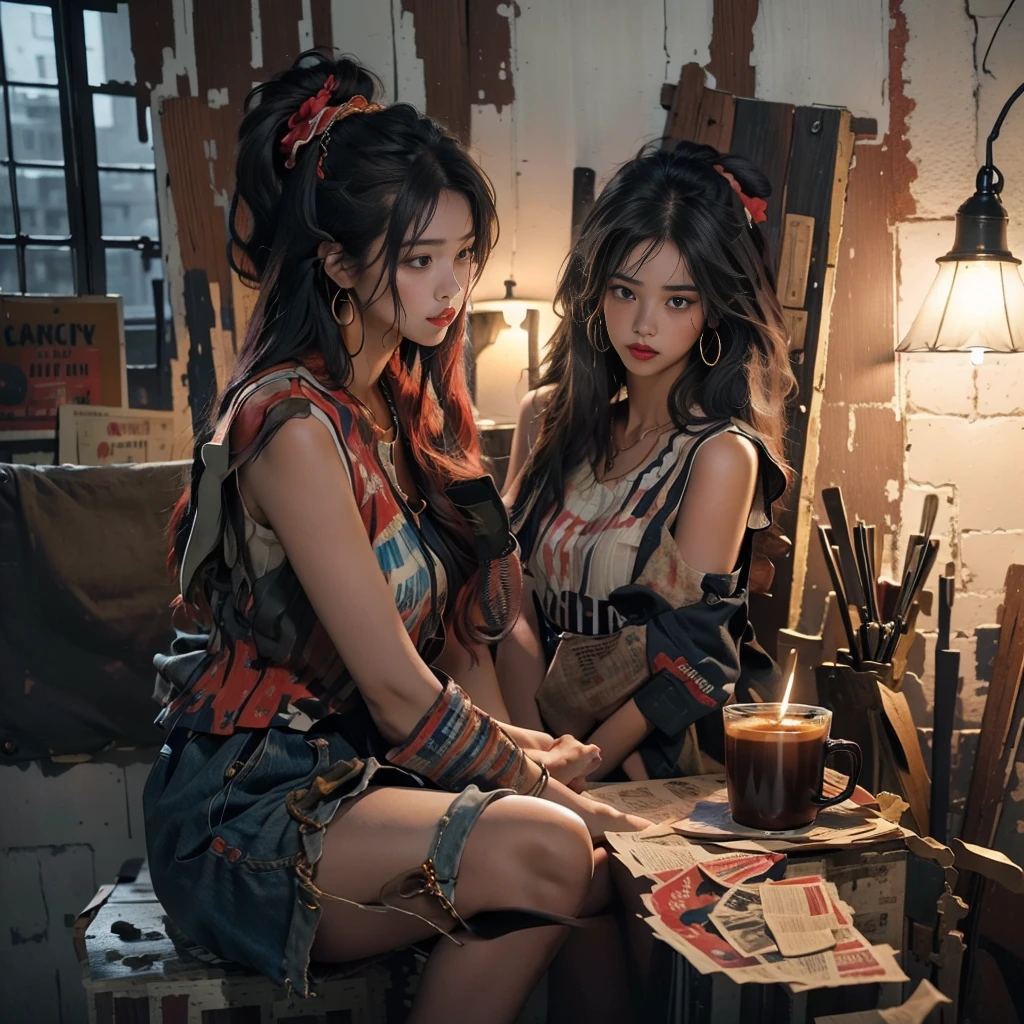 A serene evening atmosphere in a small studio with peeling white walls revealing the bricks underneath. The lighting is ample. A young female artist of Thai- Chinese descent, with dreadlocks and large headphones, is dressed in a Bohemian-style shirt and denim shorts. She is painting an oil portrait of a voluptuous woman with long copper hair adorned with a crown. The artist, with a calm demeanor, carefully blends vibrant colors, reflecting elegance and beauty. The backdrop of the small studio is filled with brushes, palettes, a coffee cup, and an ashtray with a lit cigarette. The evening sunlight adds depth and dimension to the scene.