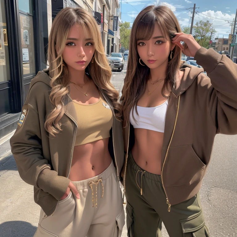 (Highest quality、4K、8k、High resolution、masterpiece:1.2)、Very detailed、(Genuine、Realistic、Realistic:1.3)、bustling street、Ear piercing、、Gal Makeup、Gal Fashion、hoodie、cargo pants、Two Girls、Brown-haired and blonde、Gold Necklace、Gold Bracelets、Gold chain、In underwear