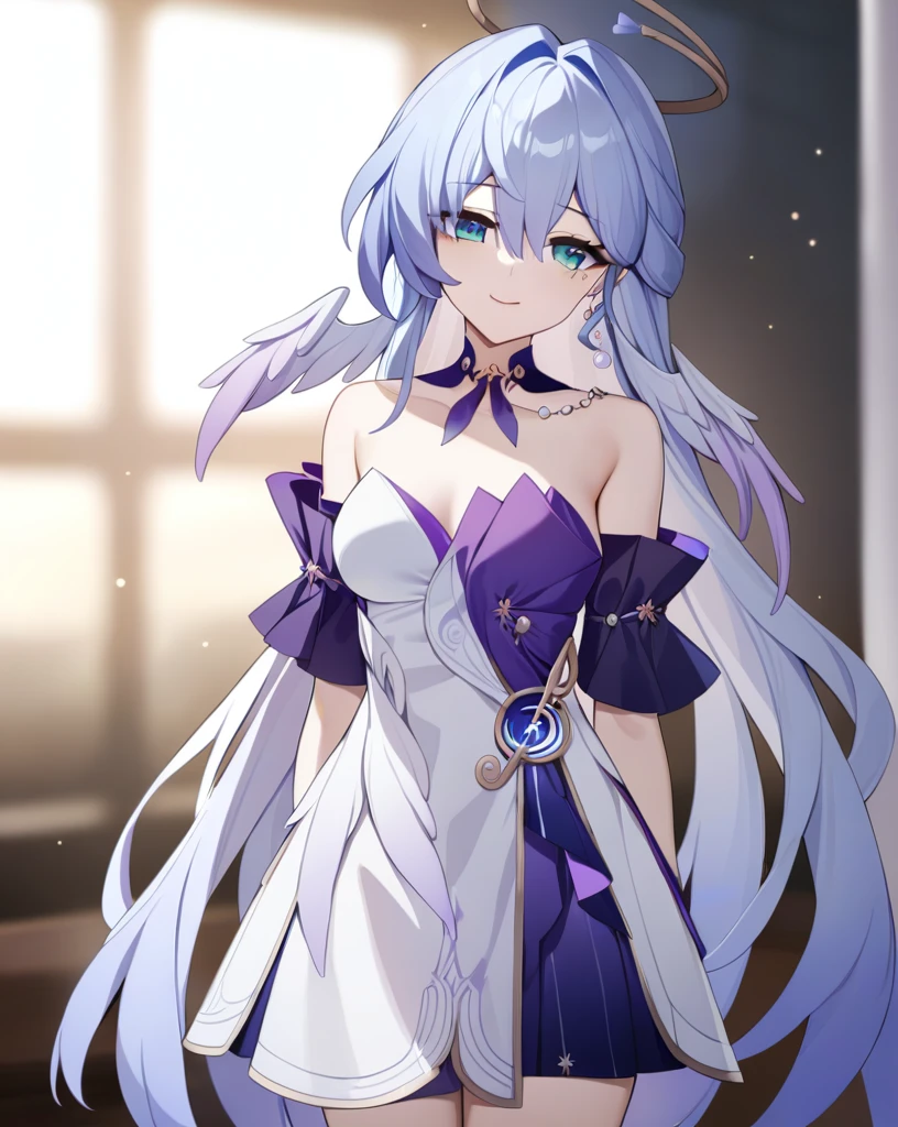 masterpiece,best quality,robin_(honkai:_star_rail), head_wings, angel, virtual_youtuber, 1girl, white_wings, looking_at_viewer, halo, wings, upper_body, solo, blurry_background, closed_mouth, dress, bare_shoulders, smile_ singing full body