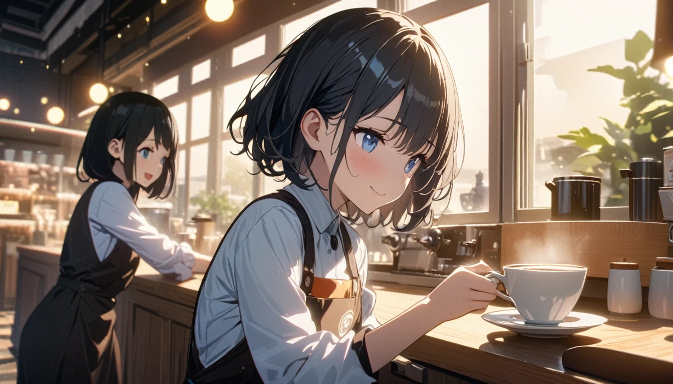 ((ultra-detailed))/three women: (one women with short black hair and bob hair.、beautiful blue eyes,.、smile、gentle smile on her face、flat chest, one Beautiful girl,((masterpiece, illustration, best quality) ((ultra-detailed))/),a girl wearing a barista uniform in a cute coffeeshop while making coffee ,濃い青とBeautiful Blueのグラデーション, High resolution, 8K HD detail, hyper-detail, cinematic, surrealism, soft light, deep field focus bokeh, ray tracing and surrealism. --v6