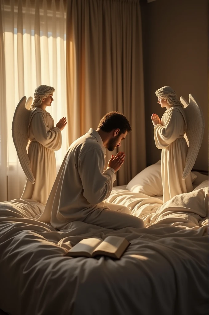 Man praying on his knees at the head of the bed with the Bible open in the room and two angels by his side