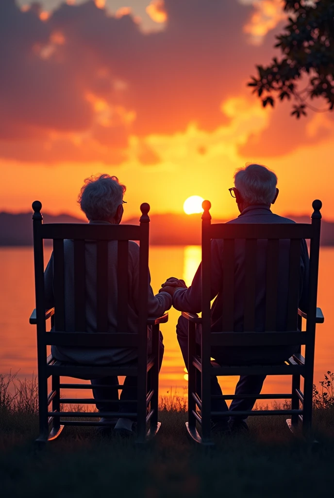 an old man and an old woman with their backs to the sunset, holding hands, sitting in rocking chairs