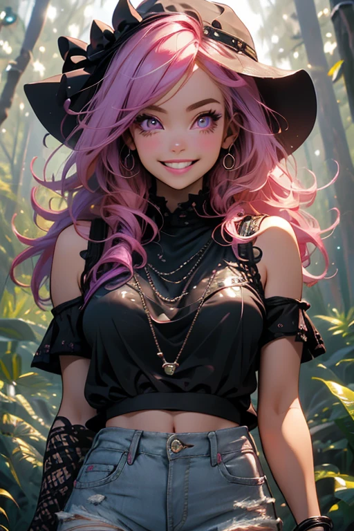 Perfect face. Perfect hands. A pink haired woman with violet eyes and an hourglass figure in a black lace tank top and ripped jeans is walking through the forest with a big smile