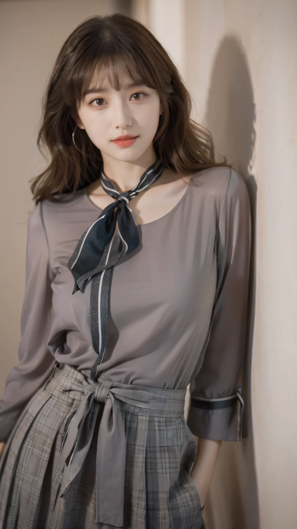 detailed background, masterpiece, best quality, 1 person , curly hair, long hair, purple eyes, star in eye , grey Strapless blouse, long skirt, grey, tight , grey blouse , beautiful bow, detailed bow,