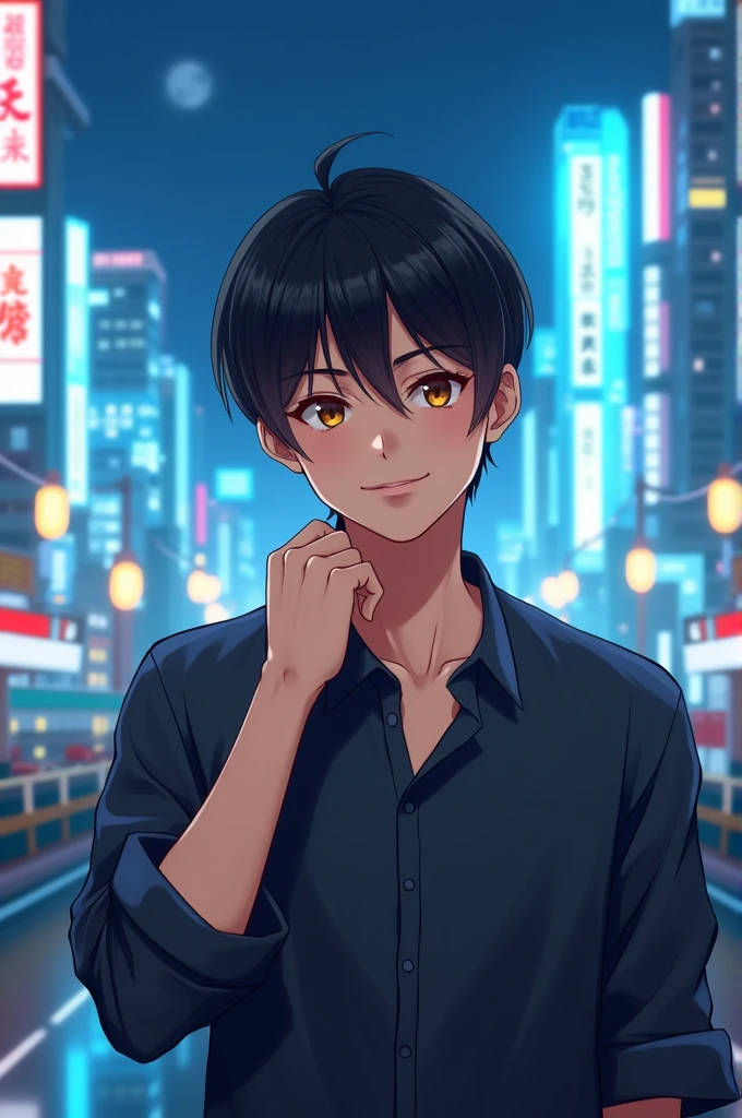 create a realistic image of a Japanese man with black hair, smooth ass, with bangs, Jovial appearance, light skin tone, lightbrown eyes. standing showing the whole body, on a background with Tokyo buildings with neon blue colors with a hand on the neck smiling slightly