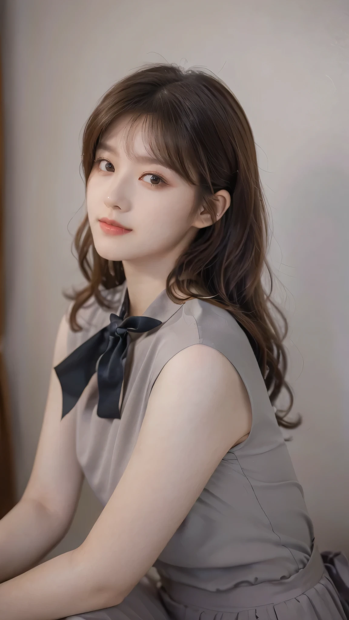 detailed background, masterpiece, best quality, 1 person , curly hair, long hair, purple eyes, star in eye , grey Strapless blouse, long skirt, grey, , grey blouse , beautiful bow, detailed bow,