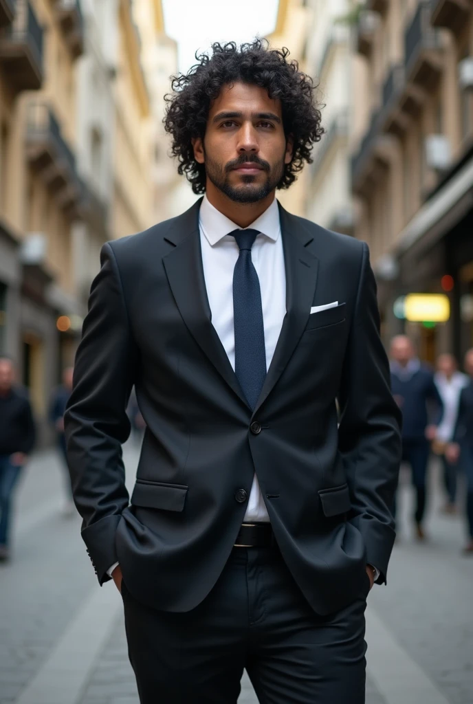 Brazilian man in a city wearing a suit, hair course weighing 85 kilos and with 1,80 meters