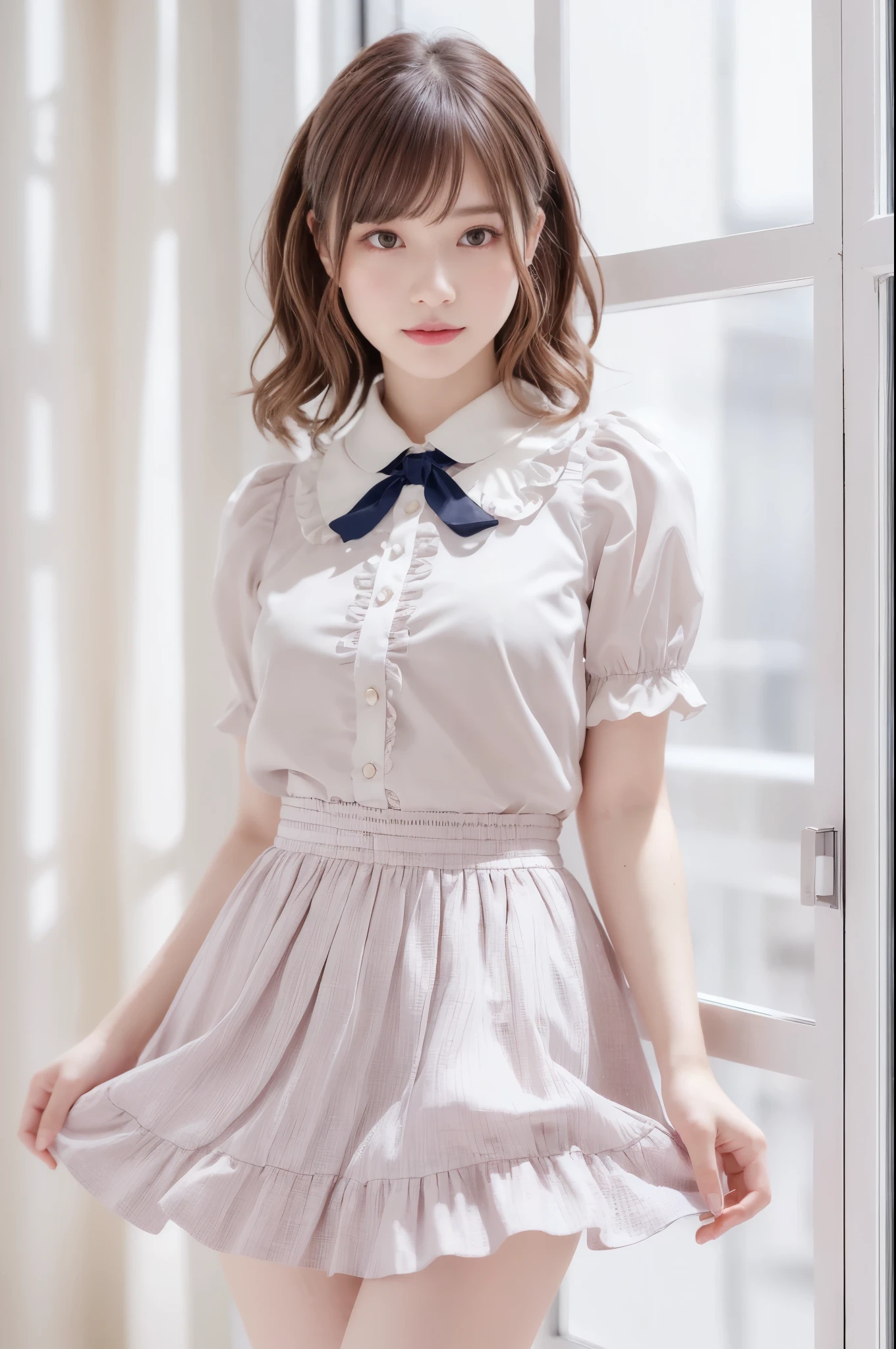 (indoor), (Window), (masterpiece), (最high quality), (Very detailedな), (Best Shadow), (photoRealistic:1.4), Frilled blouse, skirt, white ankle socks, high quality, masterpiece, Very detailedな, High resolution, 4K, 超High resolution, Detailed Shadows, Ultra-realistic, Dramatic lighting, One Girl, alone, Detailed face, Realistic eyes, Realistic Skin, Dynamic Hair, Dynamic pose, Dynamic Angle, White floral dress, White Background, Urzan-6500-v1.1, (RAW Photos:1.2), ( Realistic:1.4), Beautiful detailed girl, Very detailed eyes and face, Beautiful attention to detail, Ridiculous, incredibly Ridiculous, Large file size, Very detailedな, High resolution, Very detailed, 最high quality, (Bright interior), (Soft Light), (Low contrast), (Shallow depth of field), (portrait of a beautiful woman illuminated by gentle light), (Very delicate and elegant depiction), (Short bangs), (Hair color is dark chestnut with a slight brown tinge), (Hair with subtle and gentle waves), (Decorated with thin ribbons), ( White blouse with small frills), (bow tie), (青いロングskirt), (White short ankle socks), shape, Very detailed, CG, Unified, 8k wallpaper, wonderful, Finer details, 最high quality, Very detailed CG Unified 8k wallpaper, Face Light, Cinema Lighting,