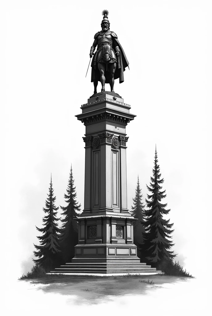 Tattoo template hermannsdenkmal in black and white with a few spruce trees around it