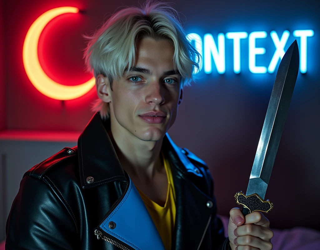 male model,181cm tall, 22 years, pale skin, blue eyes, short platinum blond messy hair with side swept bangs, black leather asymmetrical zip jacket with yellow and bright blue leather accents, holding a dagger up:1.2, dark lighting, inside luxury BDSM room, amused expression, neon red crescent moon and blue neon sign in background that says "CONTEXT"