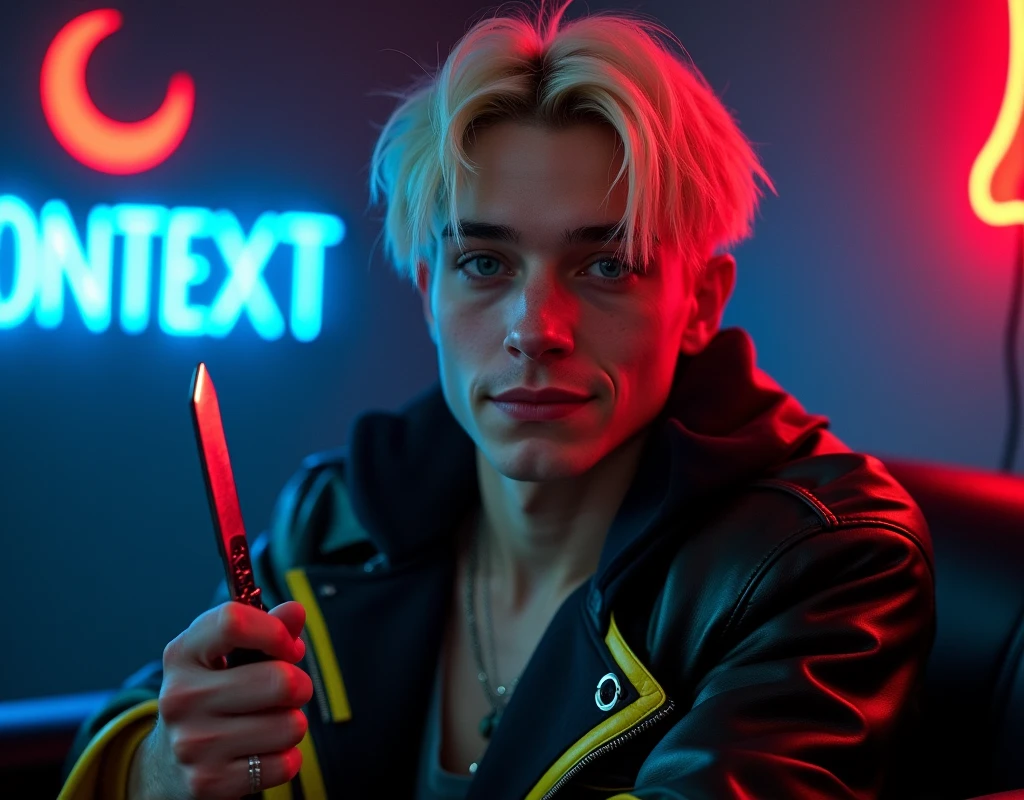 male model,181cm tall, 22 years, pale skin, blue eyes, short platinum blond messy hair with side swept bangs, black leather asymmetrical zip jacket with yellow and bright blue leather accents, holding a dagger up:1.2, dark lighting, inside luxury BDSM room, amused expression, neon red crescent moon and blue neon sign in background that says "CONTEXT"