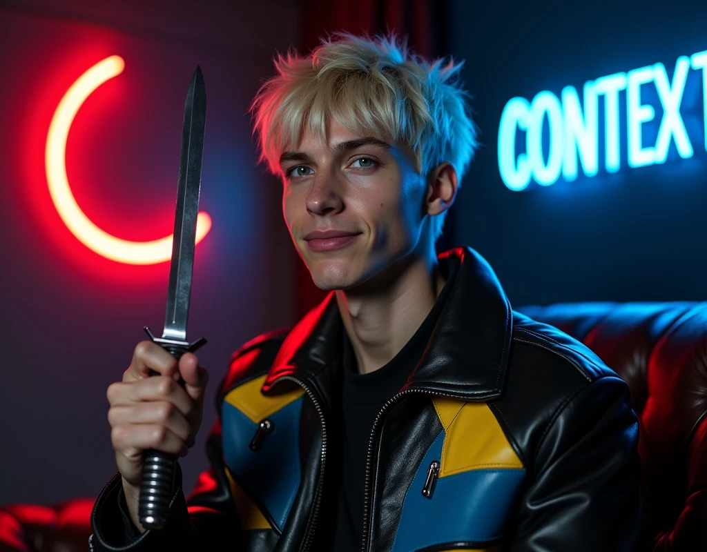 male model,181cm tall, 22 years, pale skin, blue eyes, short platinum blond messy hair with side swept bangs, black leather asymmetrical zip jacket with yellow and bright blue leather accents, holding a dagger up:1.2, dark lighting, inside luxury BDSM room, amused expression, neon red crescent moon and blue neon sign in background that says "CONTEXT"