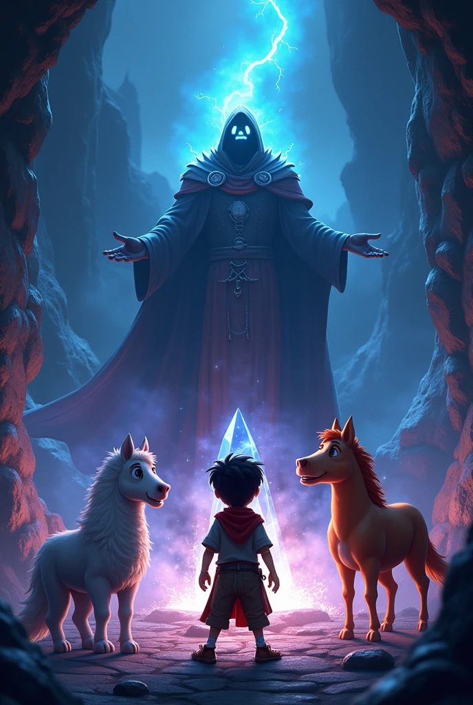 Battle in the Sorcerer's Lair: Description: the boy John, the horse Lightning and the dog Smoke face the sorcerer in a dark lair, with a magical crystal shining on a pedestal. The sorcerer uses sorcery while Hansel and his friends fight valiantly. Style: Pixar studios graphic quality. The scene must be dynamic and full of action, with magical effects and strong contrasts to highlight the battle. The sorcerer may have a menacing appearance, while John and his friends show confidence and determination.