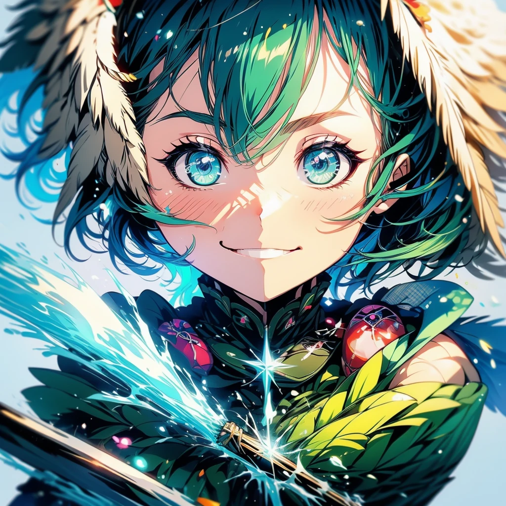 SHARPSHOOTER dota 2, anime style, green color, eye, cute, hoodwink, cute girl, happy