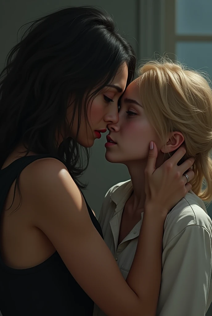 A woman of about thirty, beautiful with powerful features, black hair and eyes, harasses a girl of about twenty years old, who is desperate and points to escape but can not because of the strength of the older woman, she is blonde with cute features of the face. The younger woman should be in desperate
