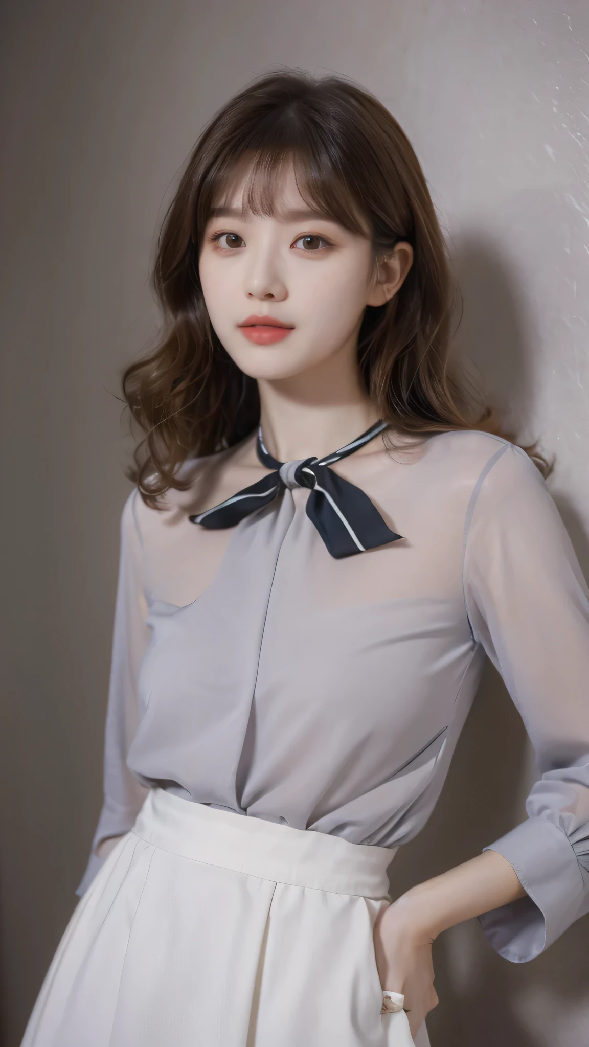 detailed background, masterpiece, best quality, 1 person , curly hair, long hair, purple eyes, star in eye , grey Strapless blouse, long skirt, grey, , grey blouse , beautiful bow, detailed bow,