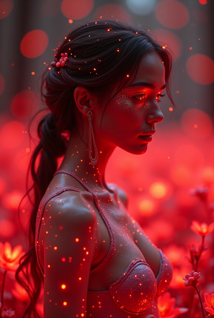 Certainly! Here's the revised prompt with everything bathed in red neon light:
---
**Prompt:** "A futuristic, otherworldly woman with luminous, neon red features. Her eyes and hair emit a radiant crimson glow, blending seamlessly with the surrounding environment. The scene is set in an enchanted digital forest, where holographic plants and flowers pulse with a soft, ethereal red light. Her skin is slightly reflective, with shimmering patterns that mimic the constellations. She stands gracefully among the glowing flora, her expression calm and inquisitive, embodying the mystique of a cybernetic fairy in a surreal, neon-lit landscape."