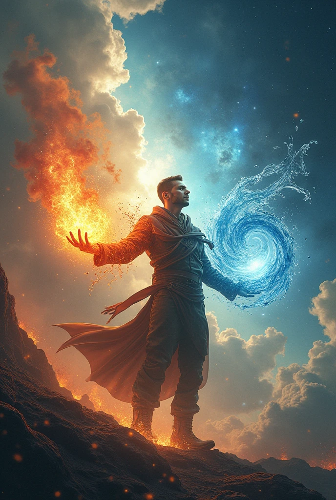 Create a image of man he is in space and his right hand is glowing with fire and left hand is with water and the space is full of theme of fire, water, land , sky,air and the image in space only not containing of clouds