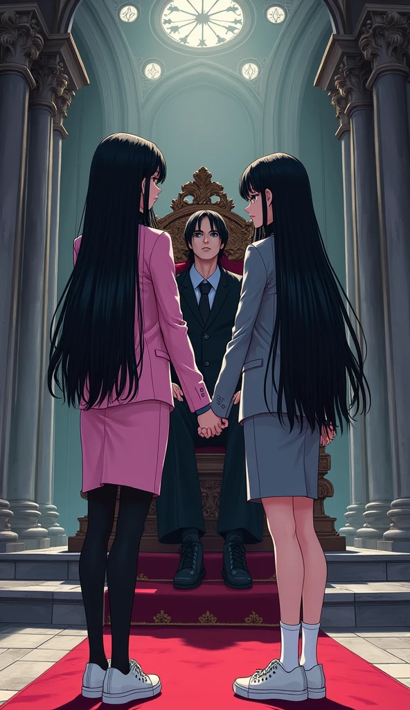 Two womens long black hairs, yuri,
(The first women wear a pink suit, black shirt, pink pencil skirt, black tight, white socks, white sneakers)
(The second women wore a grey suit, black shirt, grey pencil skirt, black tights, white socks, white sneakers)
Standing inside the castle, A vampire sat on the throne in front of them, cartoon novel, 4K, HD