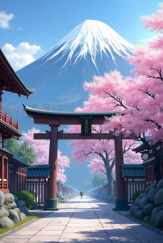 A torii gate at the beginning and in the middle a Sakura tree as if they were going to pray there is a mountain but the image is like on the side 