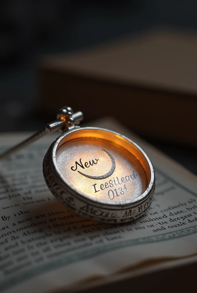 Imagine a delicate and small reliquary, made of polished silver, with a perfect circular shape. When opened, you see a crescent moon precisely carved into one of the inner faces. Above the moon, the phrase "New Moon" is engraved, in elegant and thin letters, also in silver. Just below the moon, there is a space to engrave a special date, perfectly aligning with the reliquary's minimalist and sophisticated design. Everything within this small circle glows softly, subtly reflecting light, maintaining a refined and timeless look.