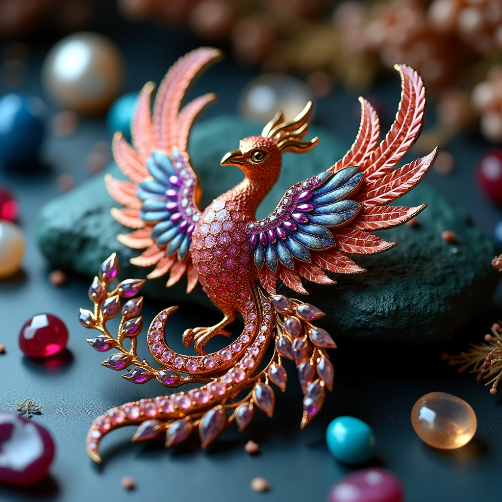 Chef d'oeuvre. Magnifique broche représentant un Phoenix en tourmaline de Madagascar orné de pierre précieuse de haute joaillerie. Savoir-faire. Haute qualité. Grande finesse. ((Ultra détaillé)). Dans le décor  sur une table se trouve également dispersé des perles en nacre, des opales, des rubis. Lapis-lazuli. Chef d'oeuvre hors norme. Grande réelle. Ultra réaliste.