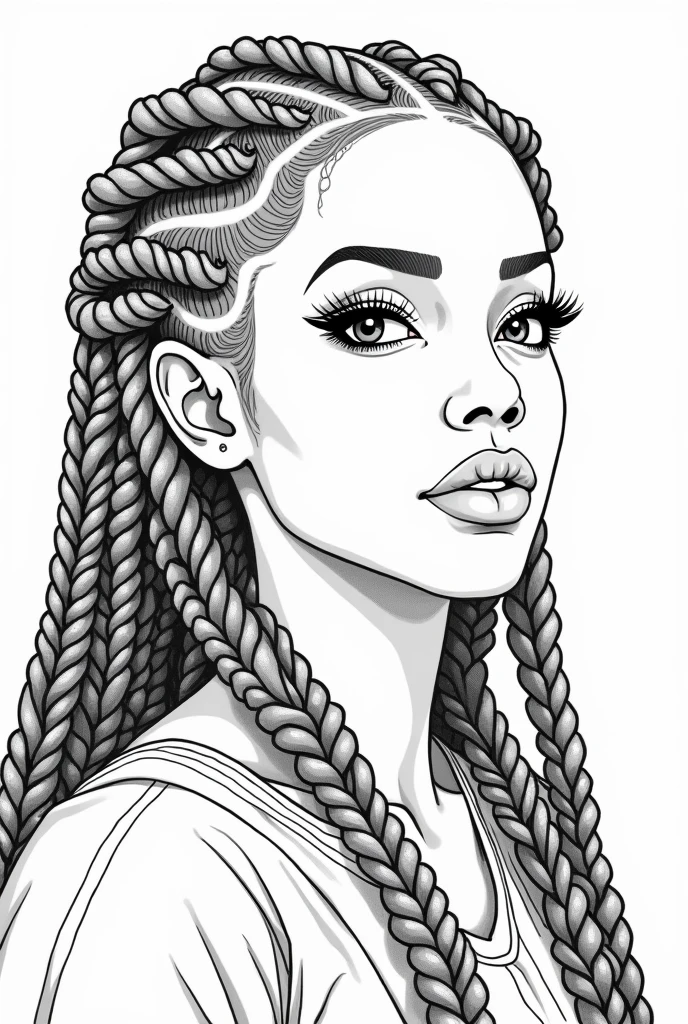 Beautiful African American coloring page, photorealism,16K realism, Hyper-realistic, bold line art, long detailed braids with baby hair, long eye lashes, almond shape eyes, 