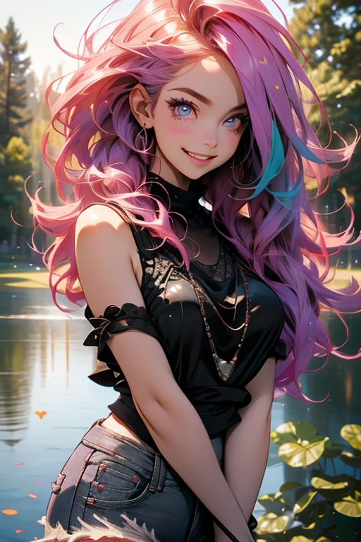 Perfect face. Perfect hands. A pink haired woman with violet eyes and an hourglass figure in a black lace tank top and ripped jeans is posing  by a lake in  the forest with a big smile
