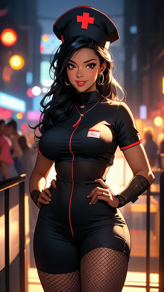 a beautiful dark-skinned female nurse with long black hair, wearing only a nurse cap and fishnets, with large breasts and visible nipples, hand on hip, smiling, with female pubic hair visible, ultra-detailed, realistic, highly detailed, 4K, 8K, HDR, UHD, studio lighting, ultra-fine painting, sharp focus, physically-based rendering, extreme detail, professional, vivid colors, bokeh