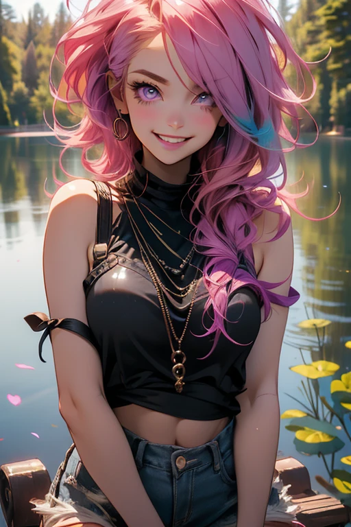 Perfect face. Perfect hands. A pink haired woman with violet eyes and an hourglass figure in a black lace tank top and ripped jeans is posing by a lake in the forest with a big smile