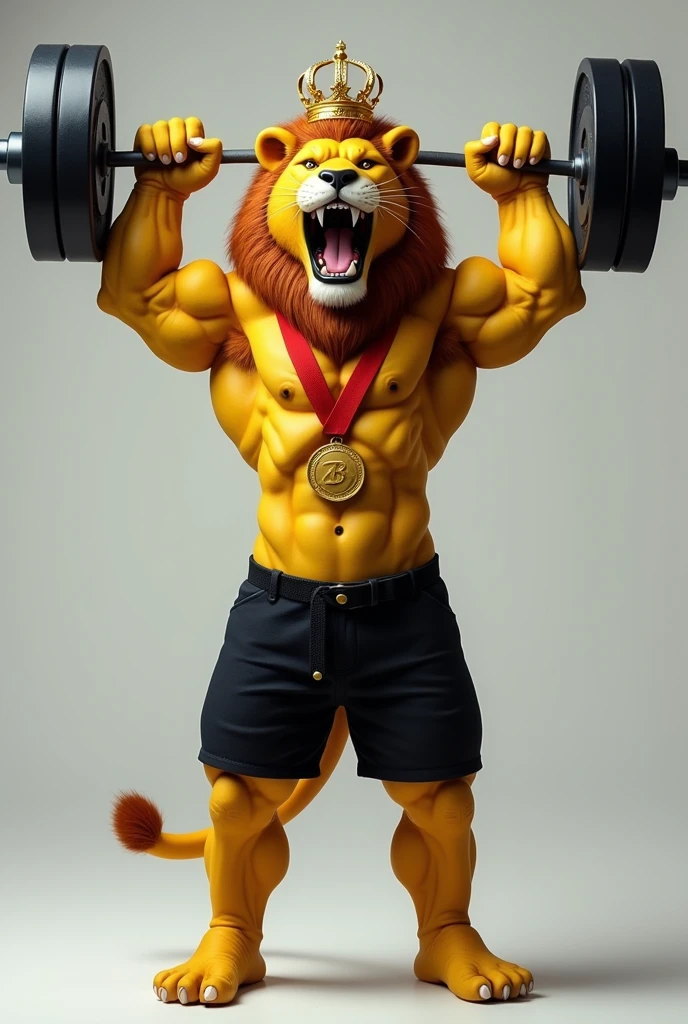 "A realistic, roaring yellow lion with a muscular build and an uncovered torso, wearing black shorts and barefoot. The lion is holding a barbell with three black weight plates on each side, raised above its head with both arms. Around its neck, it wears a gold medal with a red ribbon. A three-pointed crown rests on its head."