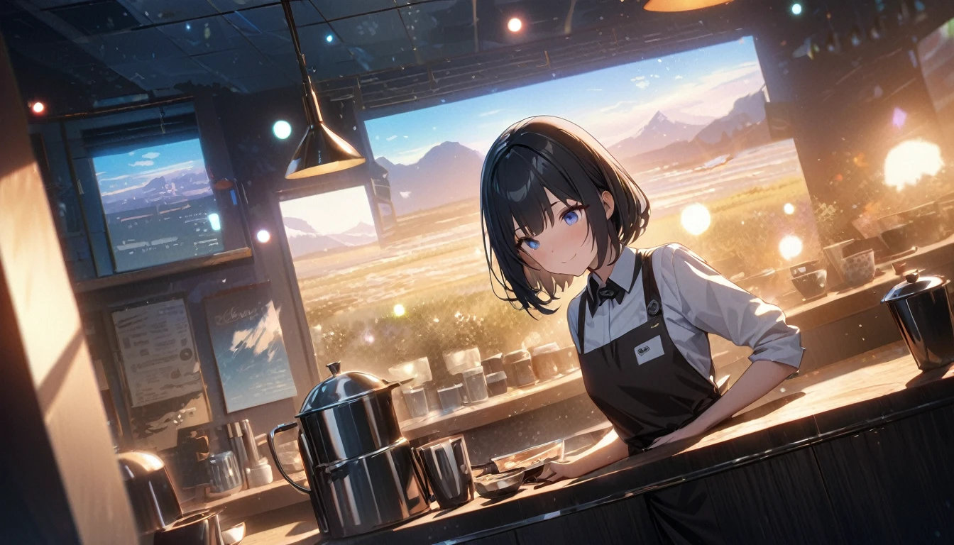 ((ultra-detailed))/three women: (one women with short black hair and bob hair.、beautiful blue eyes,.、smile、gentle smile on her face、flat chest, one Beautiful girl,((masterpiece, illustration, best quality) ((ultra-detailed))/),a girl wearing a barista uniform in a cute coffeeshop while making coffee ,濃い青とBeautiful Blueのグラデーション, High resolution, 8K HD detail, hyper-detail, cinematic, surrealism, soft light, deep field focus bokeh, ray tracing and surrealism. --v6