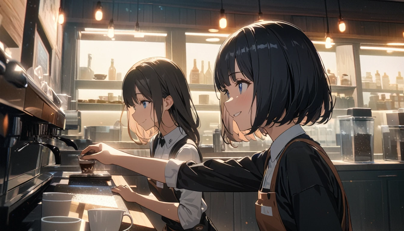 ((ultra-detailed))/three women: (one women with short black hair and bob hair.、beautiful blue eyes,.、smile、gentle smile on her face、flat chest, one Beautiful girl,((masterpiece, illustration, best quality) ((ultra-detailed))/),a girl wearing a barista uniform in a cute coffeeshop while making coffee ,濃い青とBeautiful Blueのグラデーション, High resolution, 8K HD detail, hyper-detail, cinematic, surrealism, soft light, deep field focus bokeh, ray tracing and surrealism. --v6