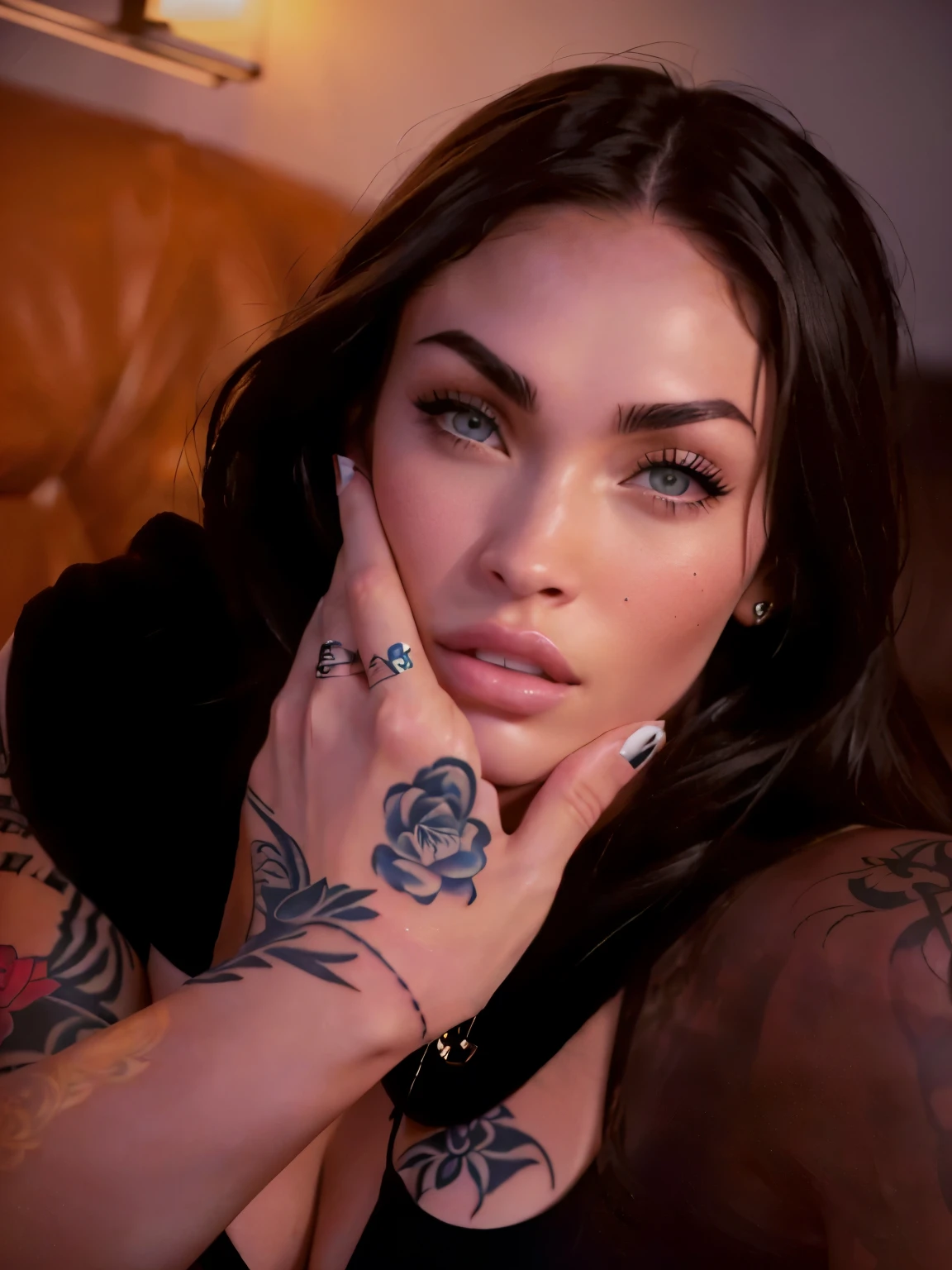 a close up of a person with a tattoo on their arm, girl with tattoos, by megan Fox, Madison Beer, by Megan Fox, Megan Fox, Madison Beer, High resolution, high Quality, 4K, Details 