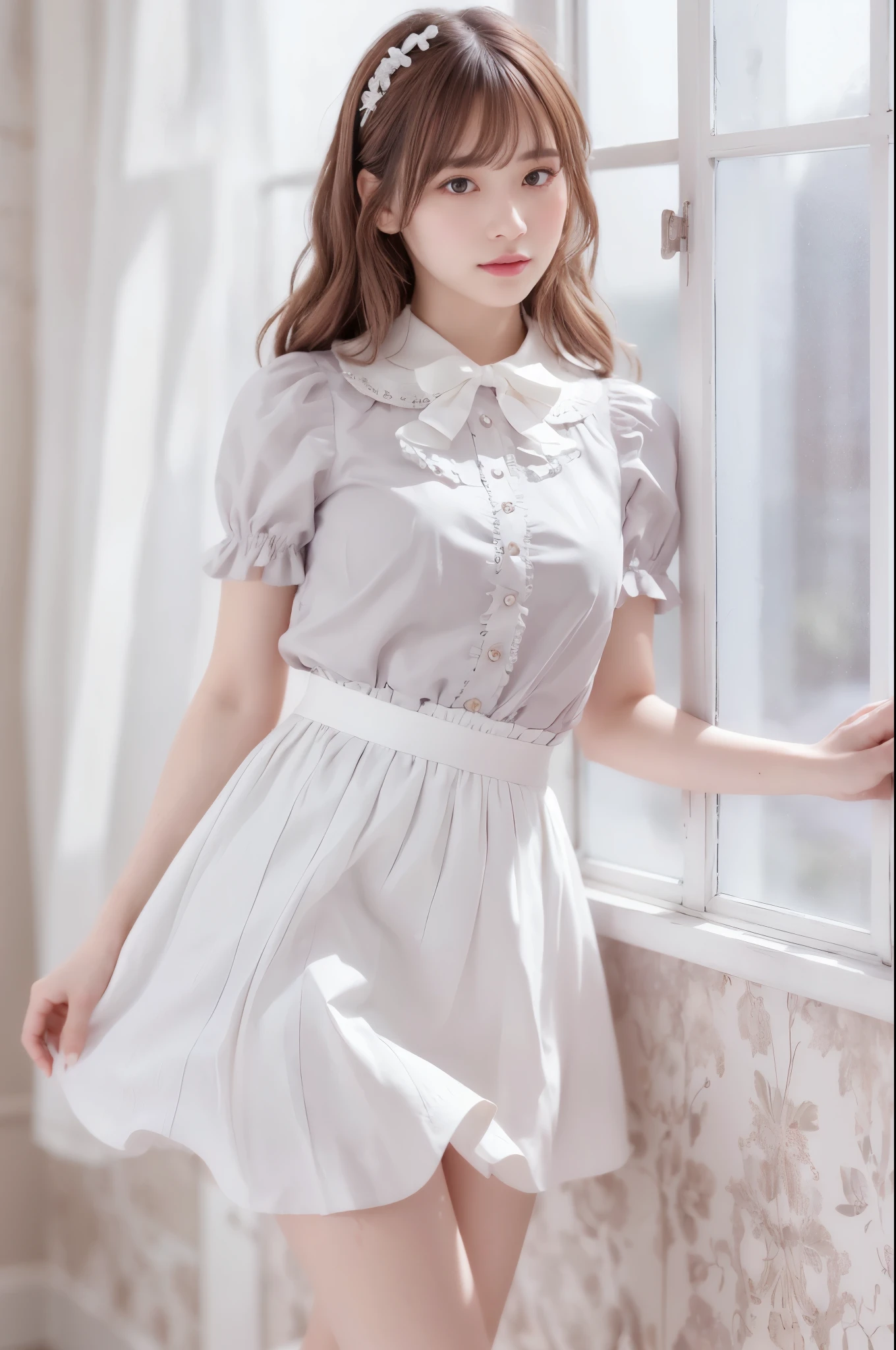 (indoor), (Window), (masterpiece), (最high quality), (Very detailedな), (Best Shadow), (photoRealistic:1.4), Frilled blouse, skirt, white ankle socks, high quality, masterpiece, Very detailedな, High resolution, 4K, 超High resolution, Detailed Shadows, Ultra-realistic, Dramatic lighting, One Girl, alone, Detailed face, Realistic eyes, Realistic Skin, Dynamic Hair, Dynamic pose, Dynamic Angle, White floral dress, White Background, Urzan-6500-v1.1, (RAW Photos:1.2), ( Realistic:1.4), Beautiful detailed girl, Very detailed eyes and face, Beautiful attention to detail, Ridiculous, incredibly Ridiculous, Large file size, Very detailedな, High resolution, Very detailed, 最high quality, (Bright interior), (Soft Light), (Low contrast), (Shallow depth of field), (portrait of a beautiful woman illuminated by gentle light), (Very delicate and elegant depiction), (Short bangs), (Hair color is dark chestnut with a slight brown tinge), (Hair with subtle and gentle waves), (Decorated with thin ribbons), ( White blouse with small frills), (bow tie), (青いロングskirt), (White short ankle socks), shape, Very detailed, CG, Unified, 8k wallpaper, wonderful, Finer details, 最high quality, Very detailed CG Unified 8k wallpaper, Face Light, Cinema Lighting,