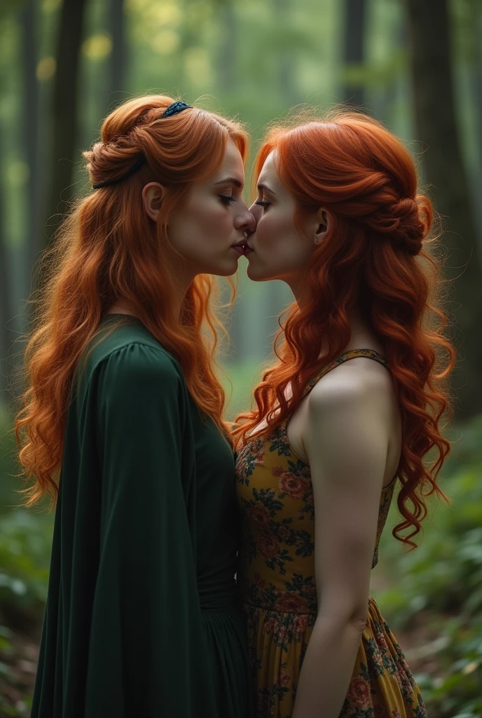 2 girls kissing in the forest, one has short shoulder-length hair and is purple, the other is more taller, has orange hair and wears a braid, and is stabbing the purple-haired girl with a knife
