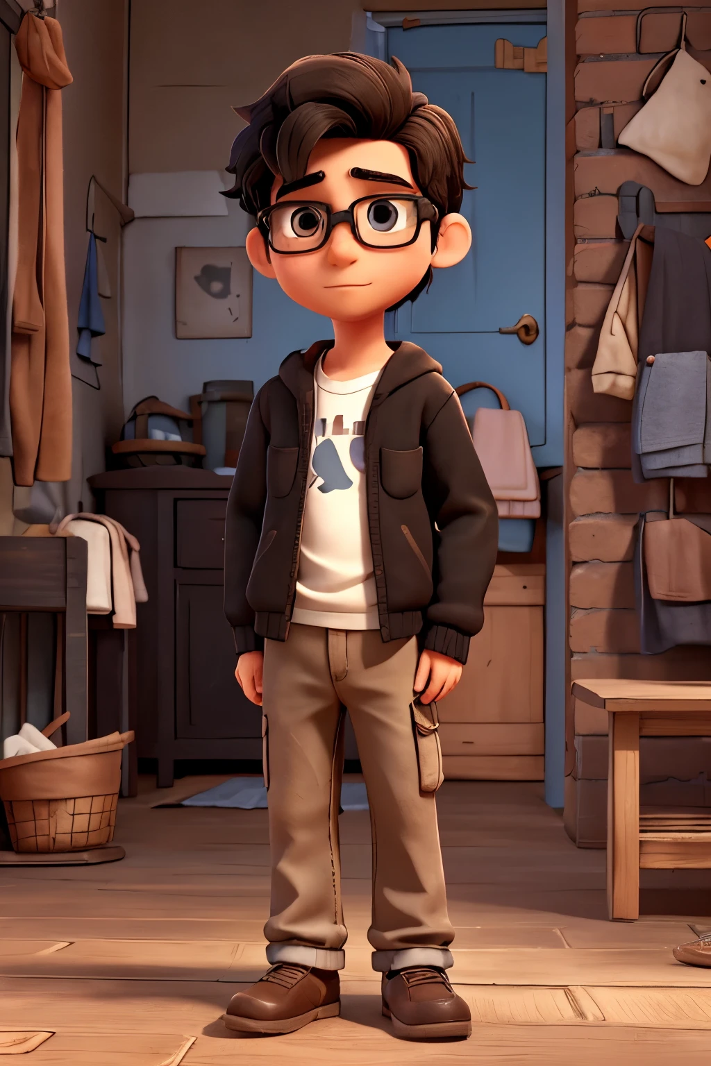 boy, poor, shabby clothes teenager, brown eyes, black hair, black glasses, humble clothes, 3D, disney style