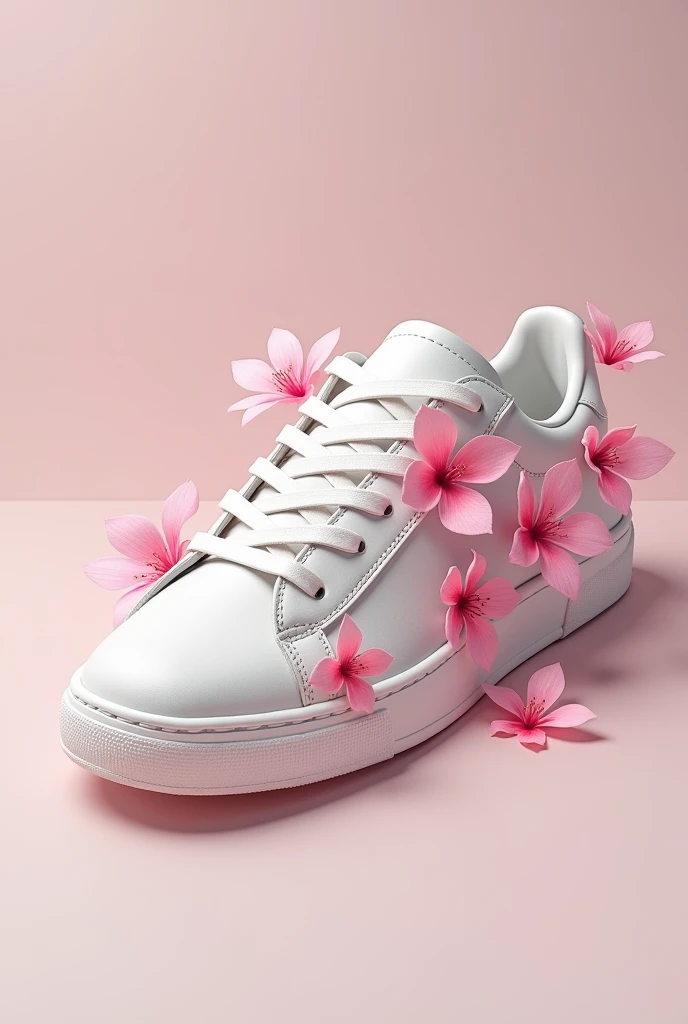 A white tennis shoe with pink flowers like tennis vibes
