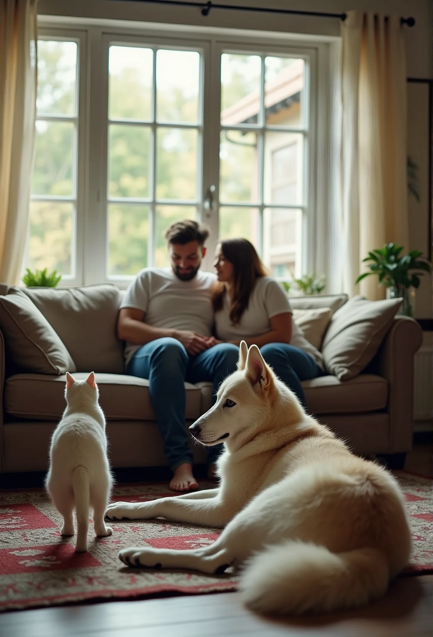 room，Man and woman sitting on sofa，A large Alaskan dog was lying on the ground watching them.，White cat standing by the window