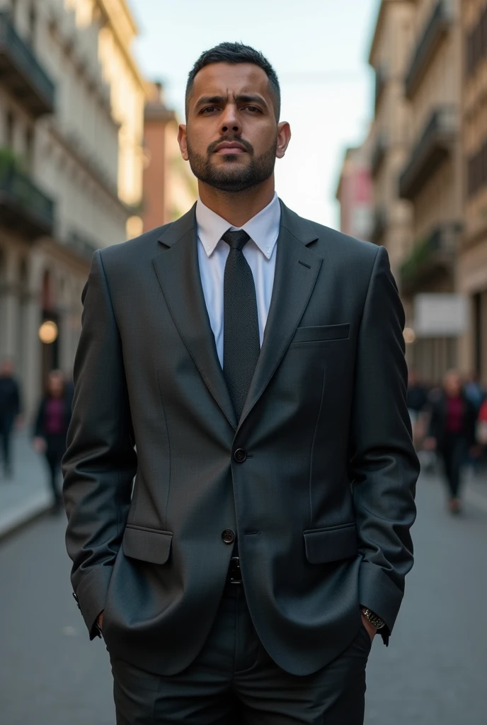 Brazilian man in a city wearing a suit, short hair weighing 85 kilos and with 1,80 meters

