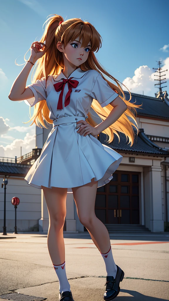 (masterpiece, best quality, detailed), Asuka Langley soryu, neon genesis evangelion anime, sexy girl, German nationality, dressed in her blue school uniform, White shirt, blue dress white socks, black shoes,, Young, skynny body, small and beautiful buttocks, toned abdomen, small and beautiful breasts, obscene, sensual, malevolent, Eva 03 in the background, edificios in the background, Dramatic background, clouds, Tokyo City 3, pose sensual, the sky is shining, the sun illuminates its beauty, sensual look, Whole body, beautiful eyes, classic hairstyle,Hair dyed in bright red color, best quality,4k,8k,A high resolution,masterpiece,Ultra detailed,realistic, Photorealistic,photo realistic