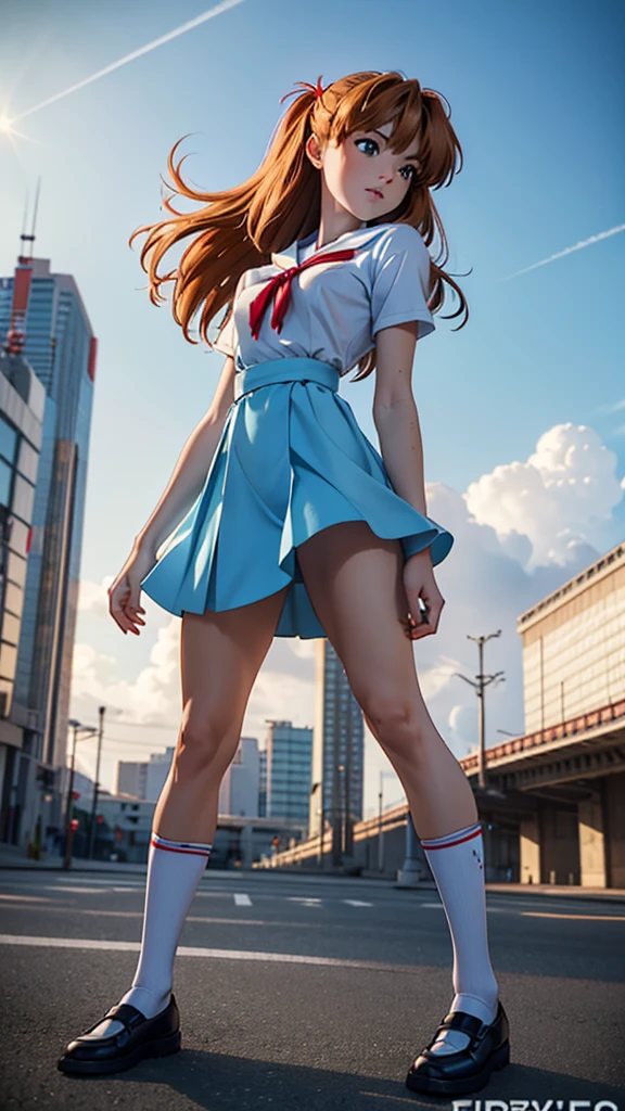 (masterpiece, best quality, detailed), Asuka Langley soryu, neon genesis evangelion anime, sexy girl, German nationality, dressed in her blue school uniform, White shirt, blue dress white socks, black shoes,, Young, skynny body, small and beautiful buttocks, toned abdomen, small and beautiful breasts, obscene, sensual, malevolent, Eva 03 in the background, edificios in the background, Dramatic background, clouds, Tokyo City 3, pose sensual, the sky is shining, the sun illuminates its beauty, sensual look, Whole body, beautiful eyes, classic hairstyle,Hair dyed in bright red color, best quality,4k,8k,A high resolution,masterpiece,Ultra detailed,realistic, Photorealistic,photo realistic