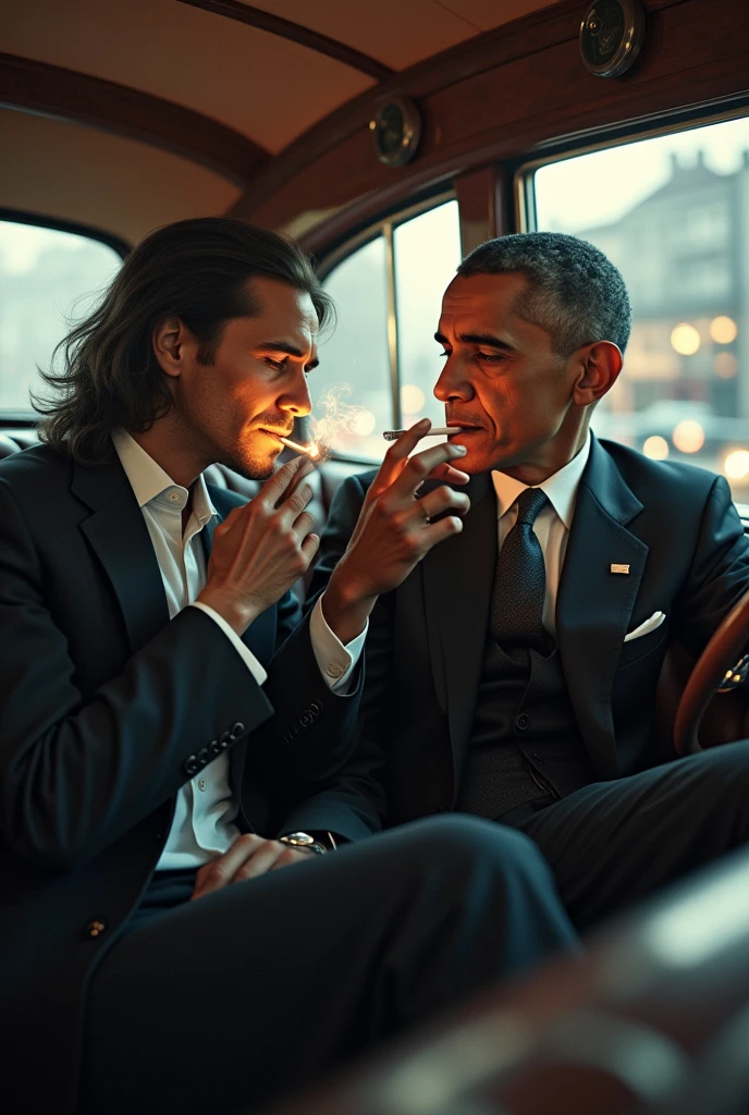 Obama smoking with Nikola Tesla in car, car camera view