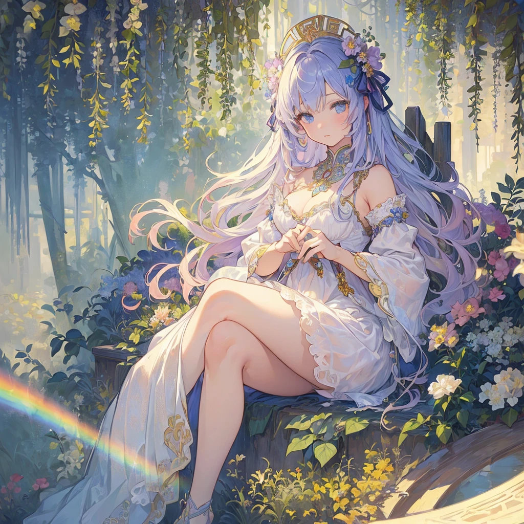 (((1 girl))), masterpiece, Highest quality, beautifully、beautiful: 1.2, gem, Quality lace, Detailed round frame, Recall, Flowers, white, Rainbow Hair, A beautiful girl fits into the frame、(Alphonse Mucha Style)