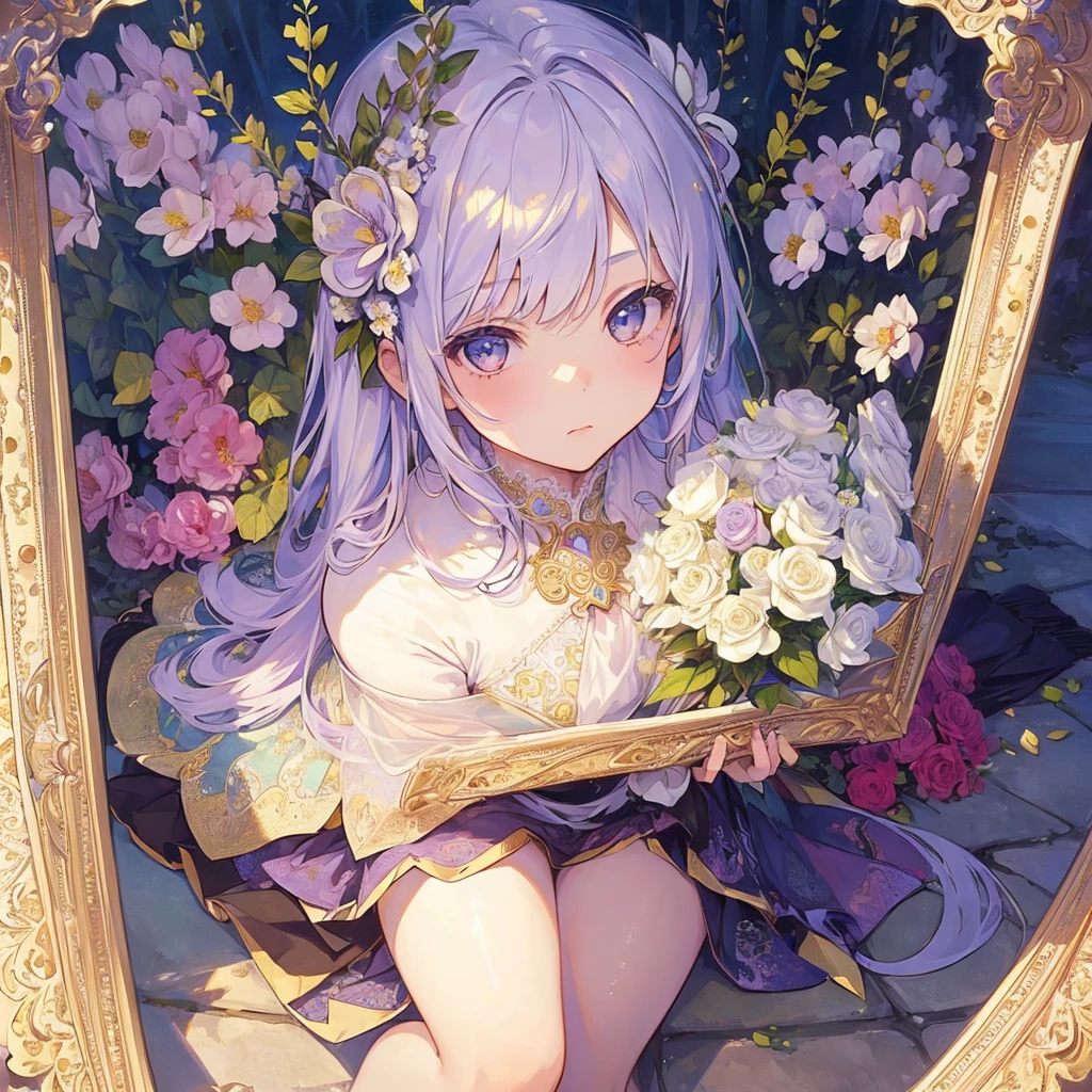 (((1 girl))), masterpiece, Highest quality, beautifully、beautiful: 1.2, gem, Quality lace, Detailed round frame, Recall, Flowers, white, Rainbow Hair, A beautiful girl fits into the frame、(Alphonse Mucha Style)