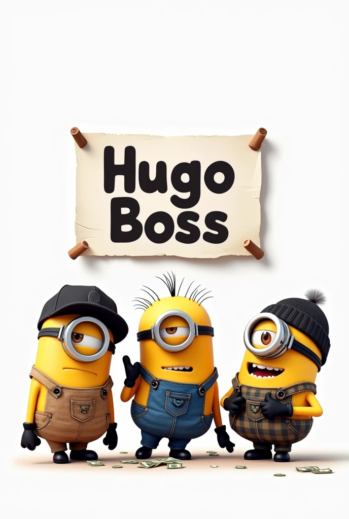 clipart, cute file, white background, vector, flat, three characters from the Minions are Hip Hop singers, they boast money, fame and demonstrate their musical moves, they wear caps on their heads, t-shirts and cargo pants, behind them the name is pinned to the wall from his band Hugo Boss