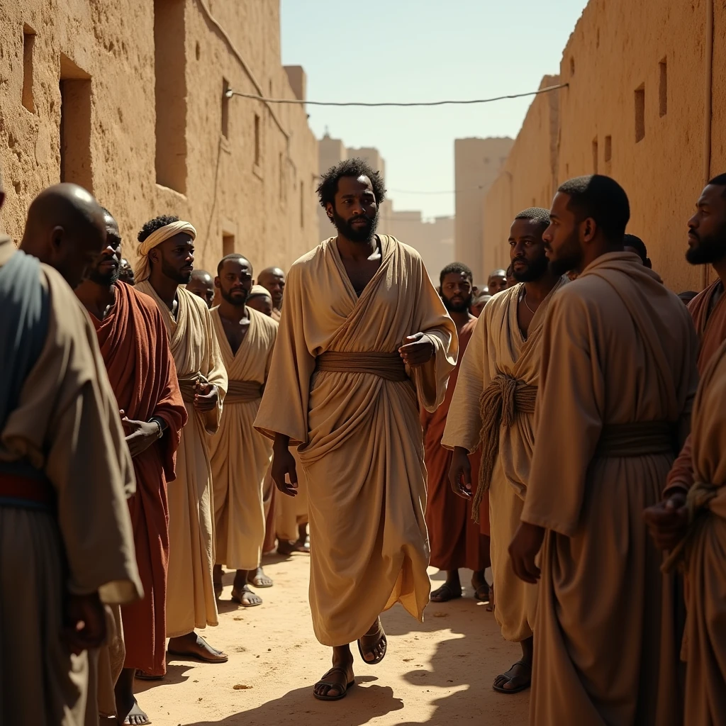 (Biblical masterpiece) Poor Hebrews, with a righteous African man Jesus, black, In the streets of mud houses in Jerusalem, fighting for their rights8K