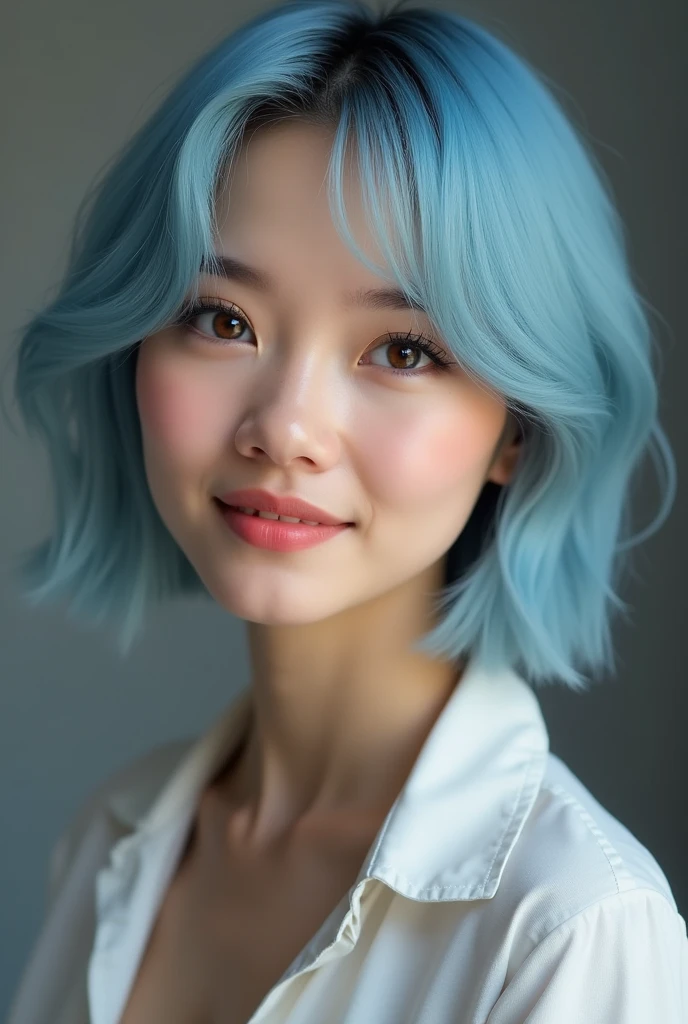 (photograph:1.2)、(photorealistic:1.3)、(masterpiece:1.3)、(Highest image quality:1.4)、ultra high resolution、(detailed eyes)、(detailed facial features)、(Detailed garment features)、8K resolution、solo focus、26 year old mature woman、small face、no makeup、Detailed beautiful eyes、bangs、 light blue hair、short cut hair、(realistic skin)、beautiful skin、charming、ultra high resolution、Super realistic、High definition、Camisa branca aberta,middlebre、small breasts、bust B cup、small breasts、cool beauty、Gray background、cinematic lighting、perfect、soft light、High resolution skin:1.2、realistic skin texture、26 years old mature woman、small face、no makeup、Bust B Cup、Detailed beautiful brown eyes、short hair、light blue hair、Cool beauty、gray background